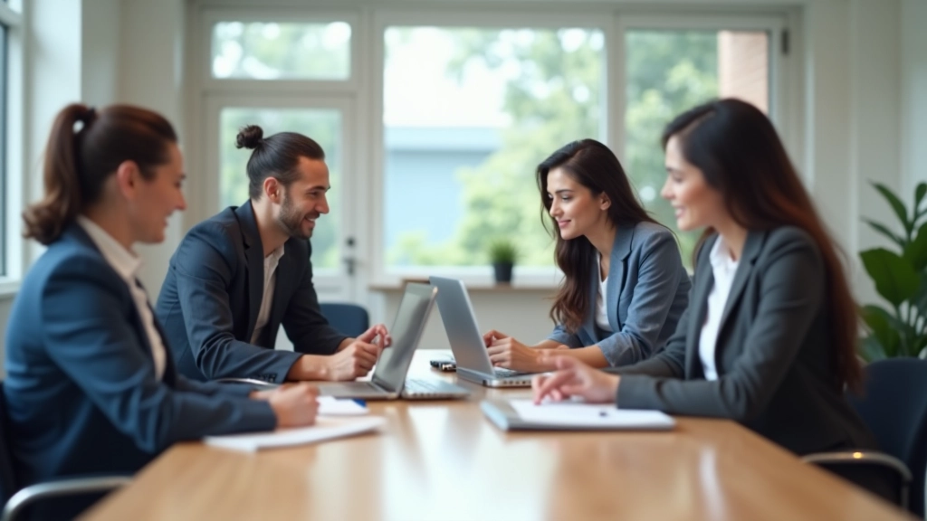Team of diverse professionals collaborating around wooden table with notebooks and coffee cups in modern office