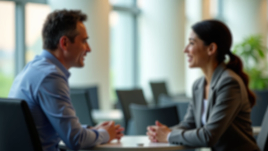 Two colleagues having a constructive conversation in modern office environment with open body language
