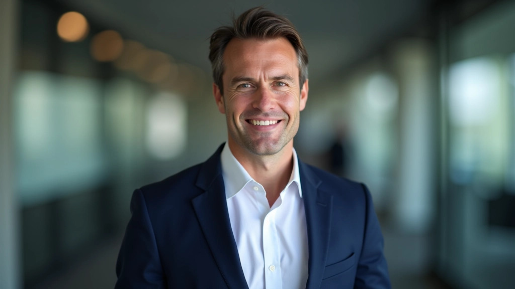 Professional manager in blazer standing confidently in modern office space with arms crossed