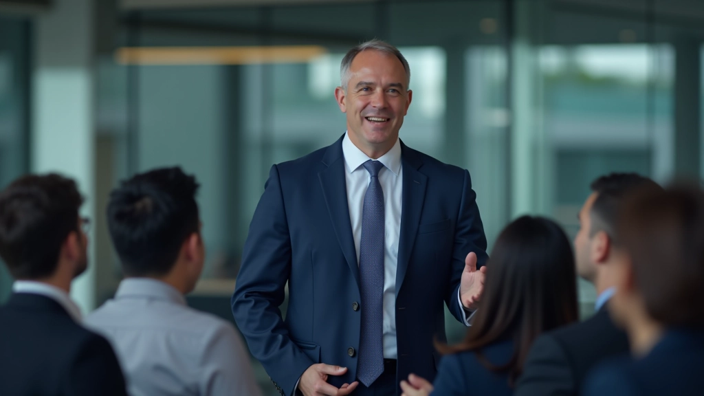 Business leader presenting strategic decision to team members in conference room setting