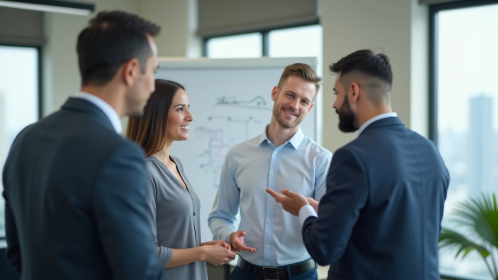 Team members collaborating and discussing strategy in modern meeting room with whiteboard