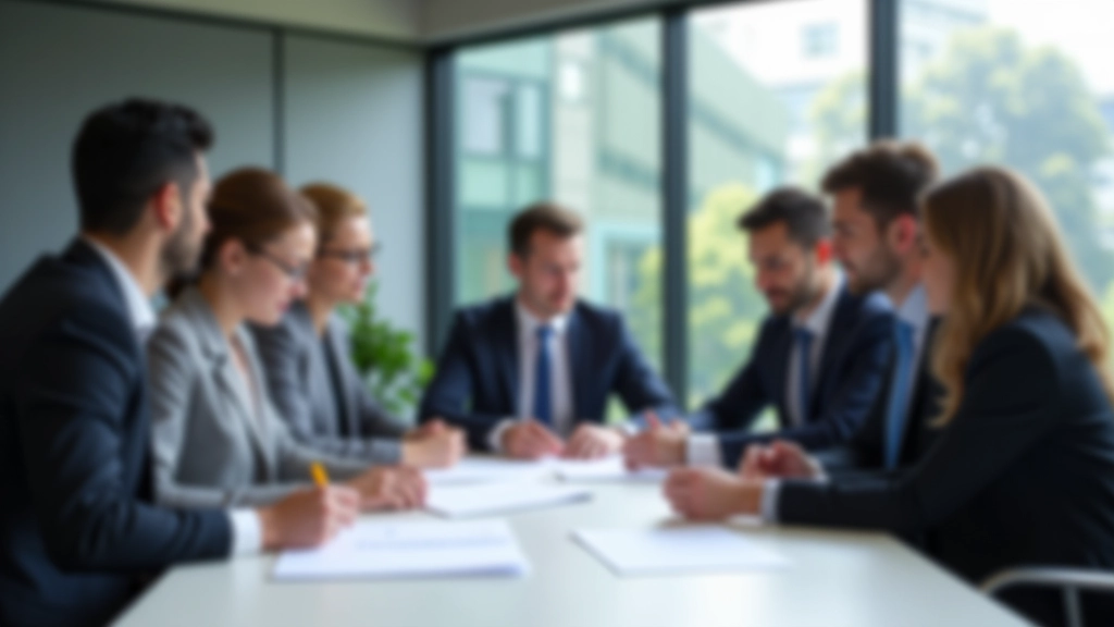 Professional team in modern conference room discussing strategy and business decisions