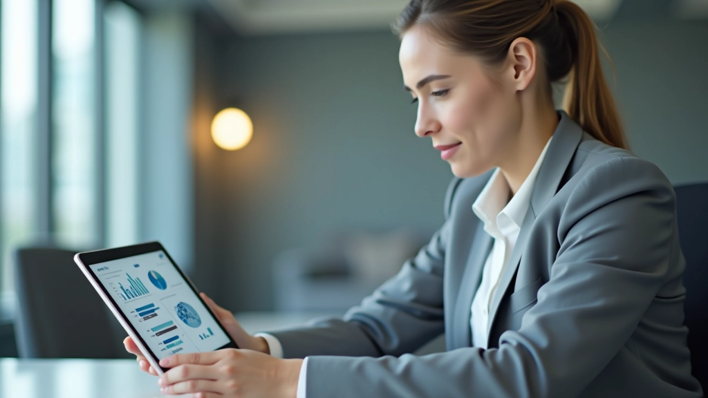 Woman in professional attire analyzing business data and charts on tablet device at desk